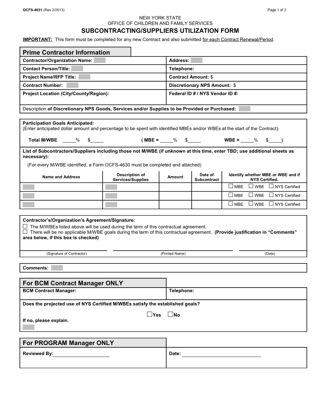 Subcontracting/Suppliers Utilization Form