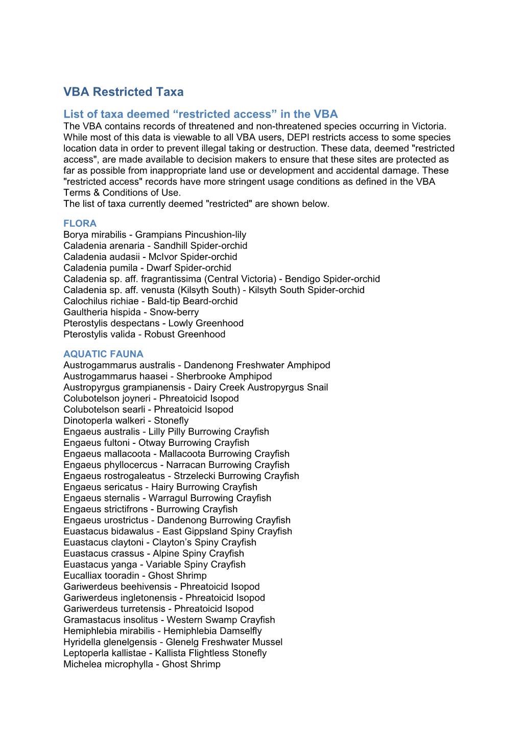 List of Taxa Deemed Restricted Access in the VBA