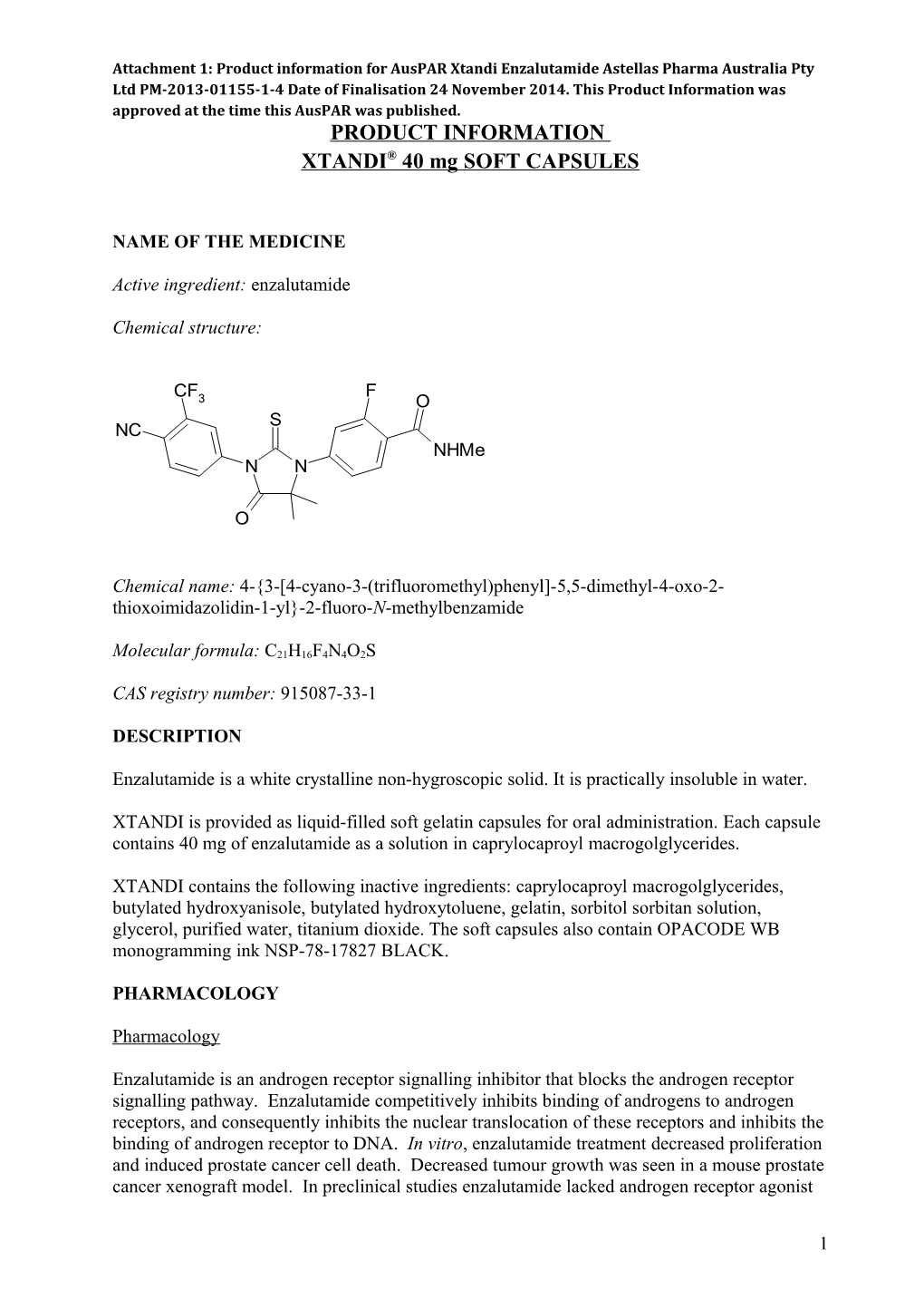 Auspar Attachment 1. Product Information for Enzalutamide