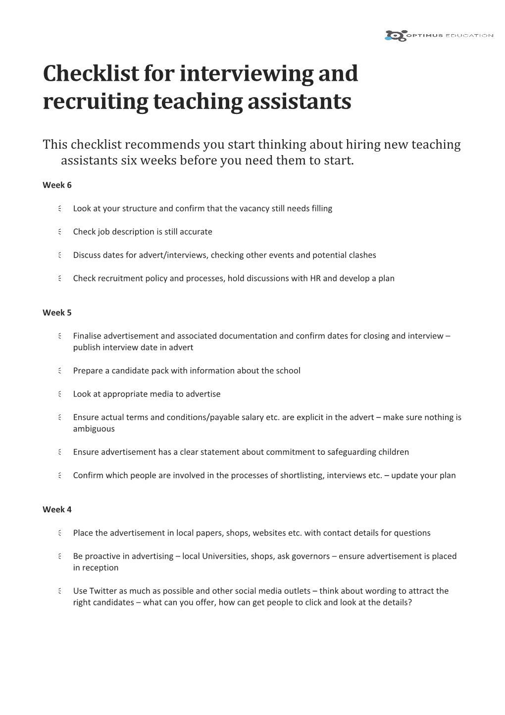 Checklist for Interviewing and Recruiting Teaching Assistants
