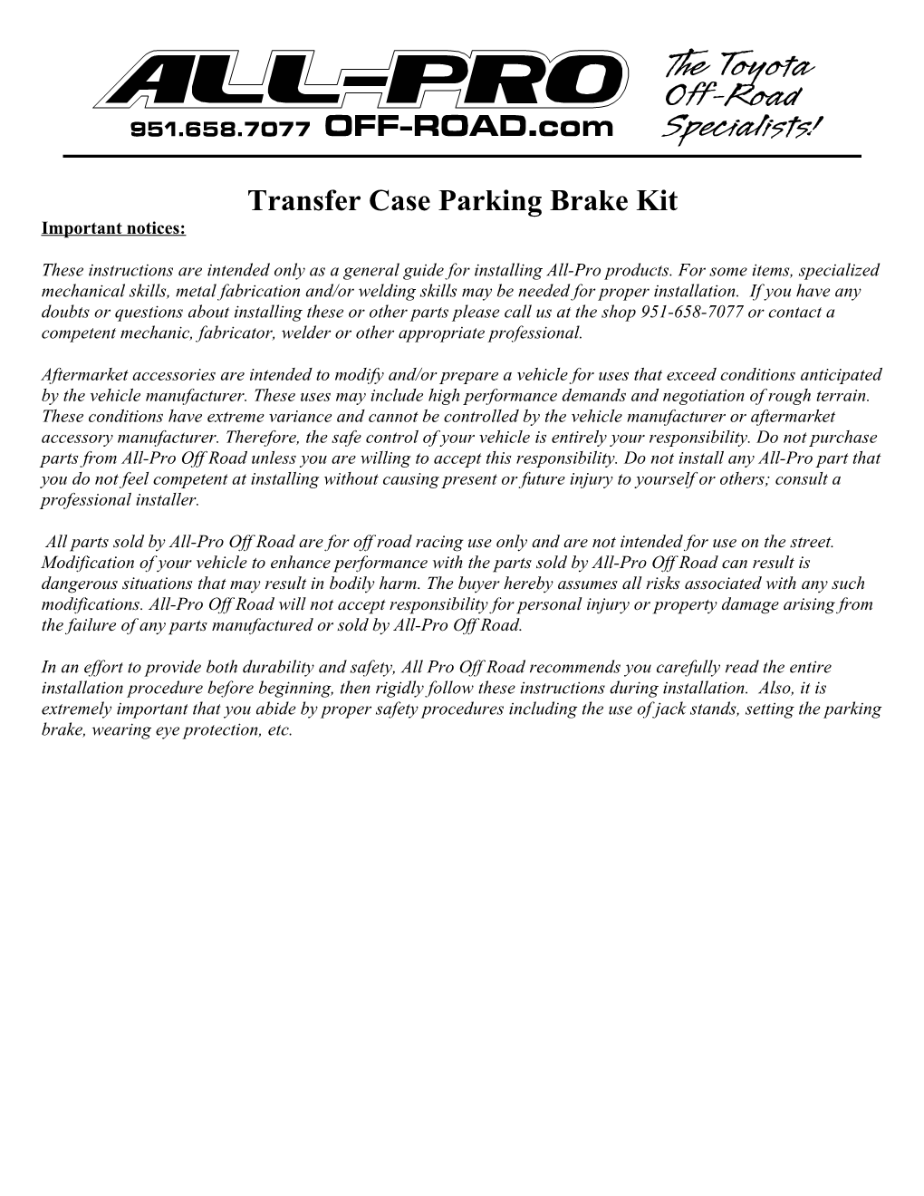 Transfer Case Parking Brake Kit