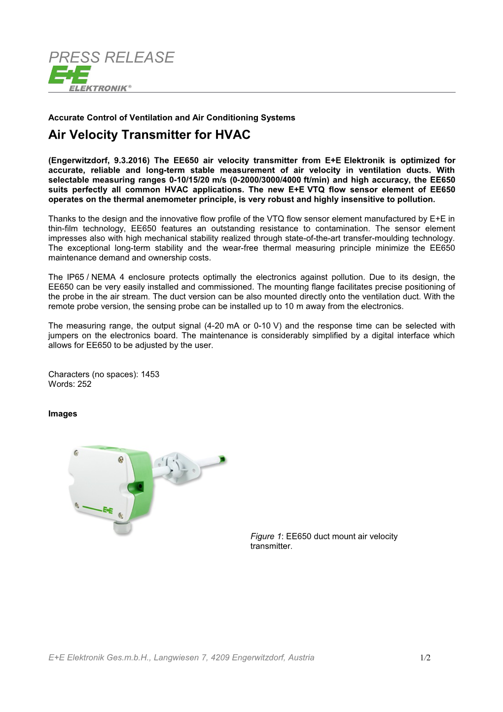 Air Velocity Transmitter for HVAC Applications