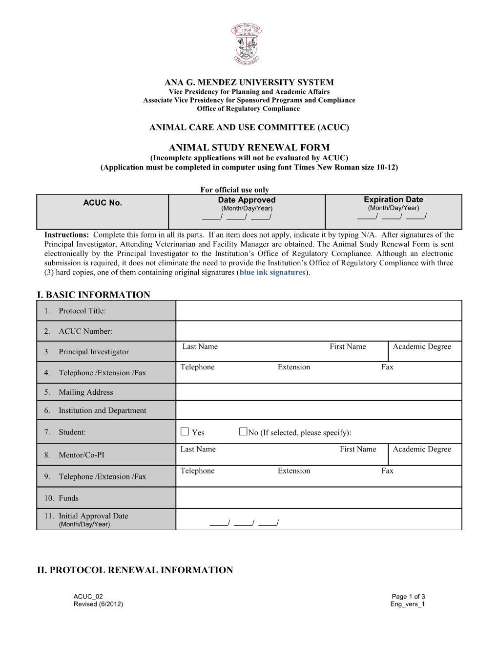 Article II Animal STUDY RENEWAL FORM