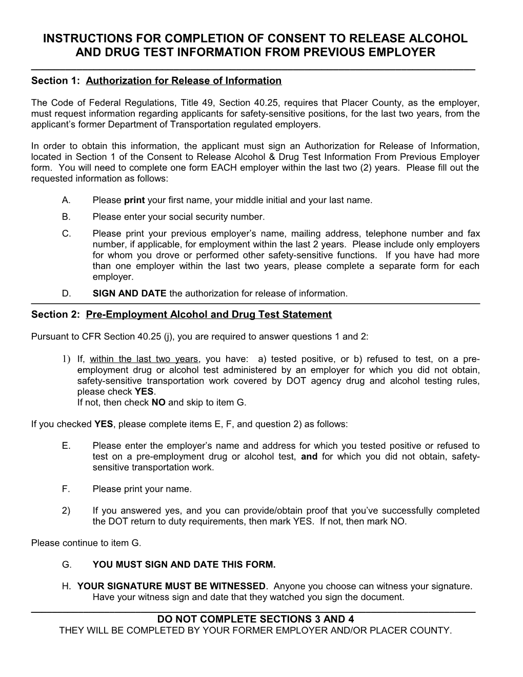 Instructions for Completion of Consent to Previous Employee Alcohol & Drug Test Information