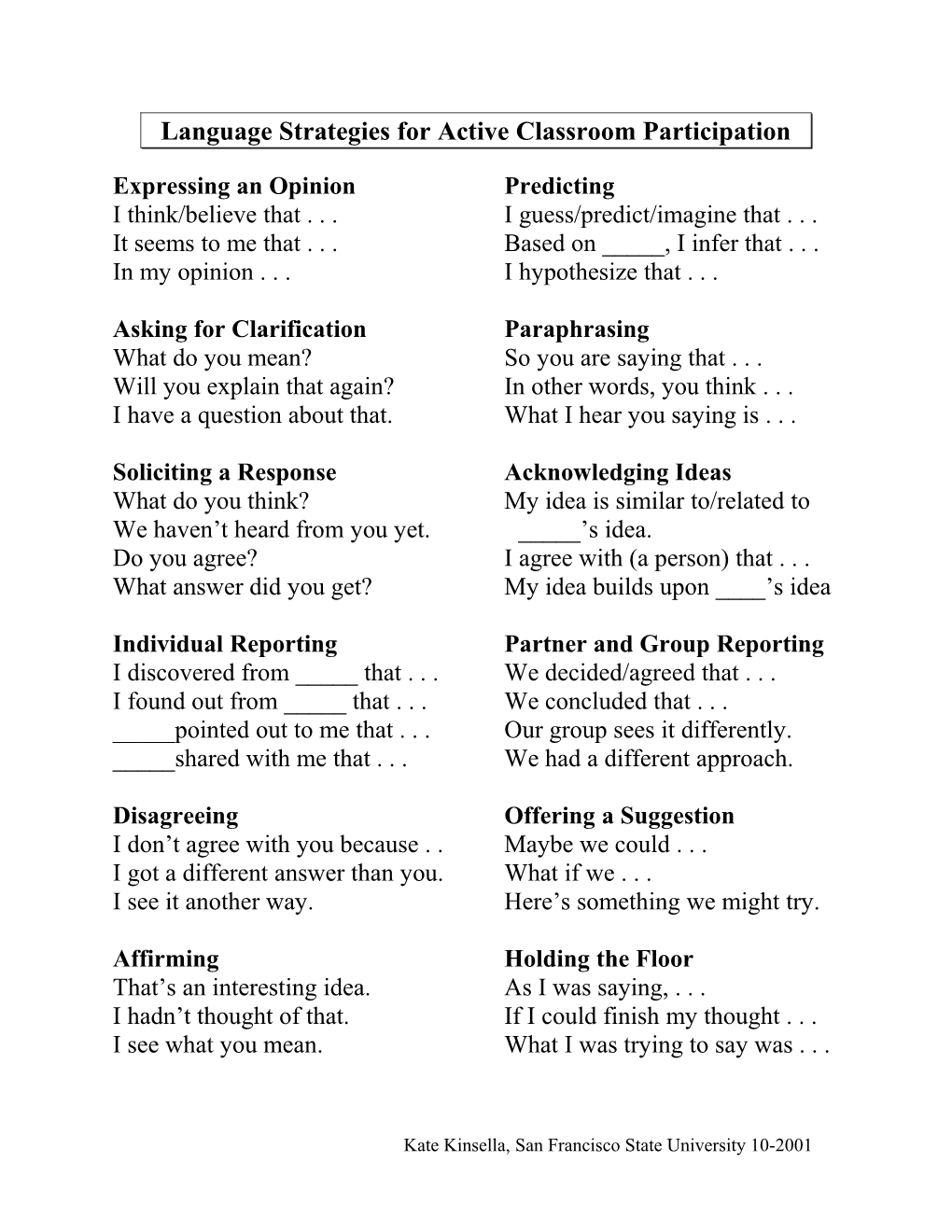 Language Strategies for Active Classroom Participation