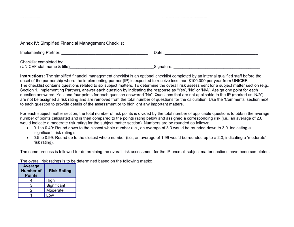 Annex IV: Simplified Financial Management Checklist