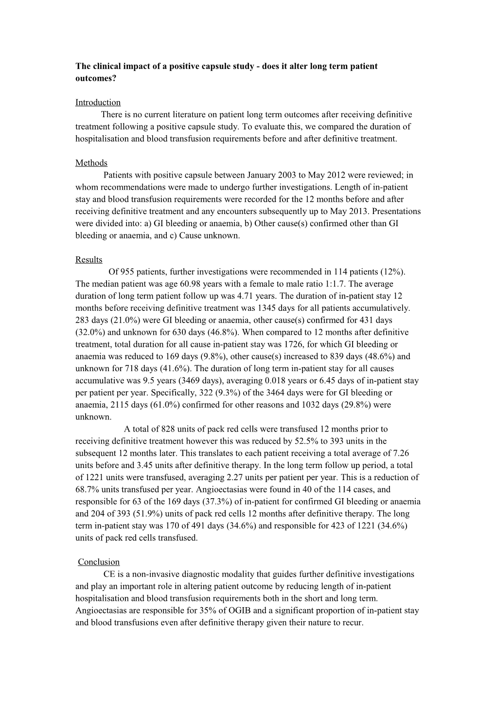 The Clinical Impact of a Positive Capsule Study - Does It Alter Long Term Patient Outcomes?