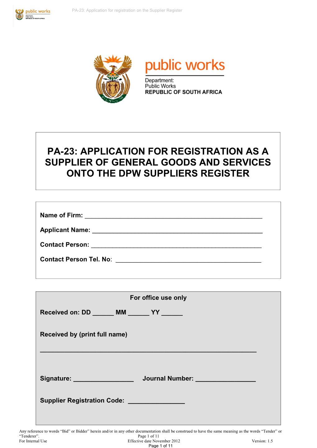 Terms of Reference for Registration Ontodepartment of Public Works (DPW) Suppliers Register