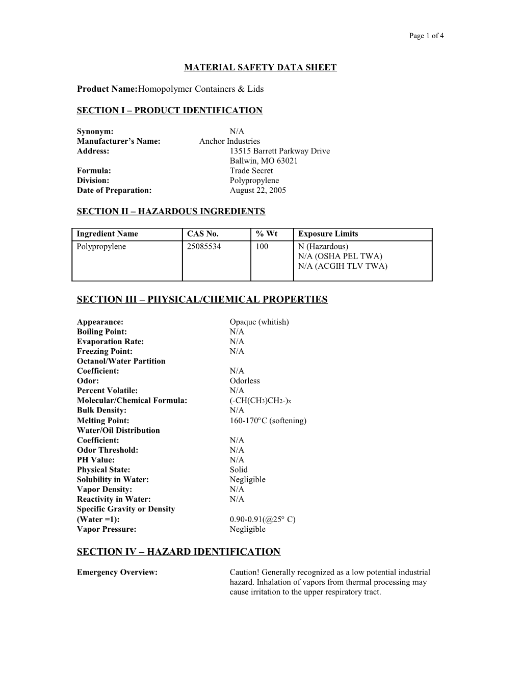 Material Safety Data Sheet s20