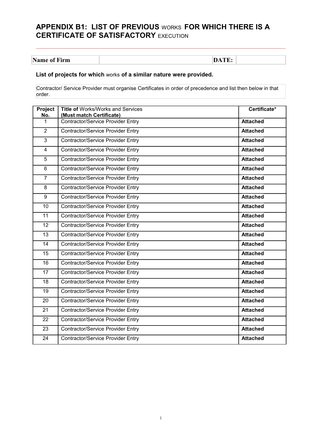 Appendix B: List of Previous Projects/Certificate of Satisfactory Execution