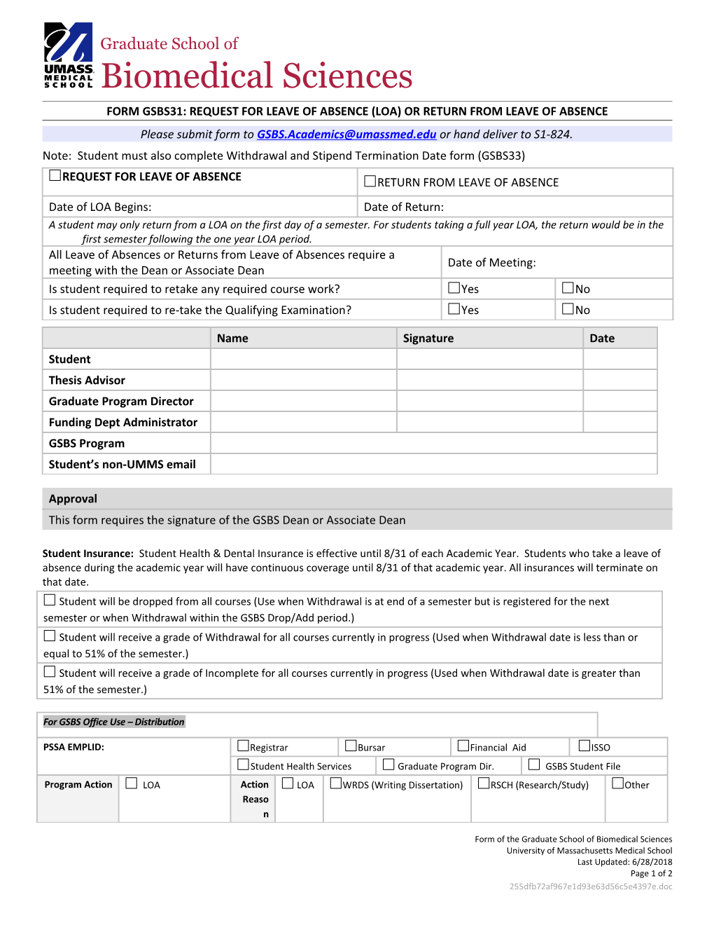 Form Gsbs31: Request for Leave of Absence (Loa) Or Return from Leave of Absence