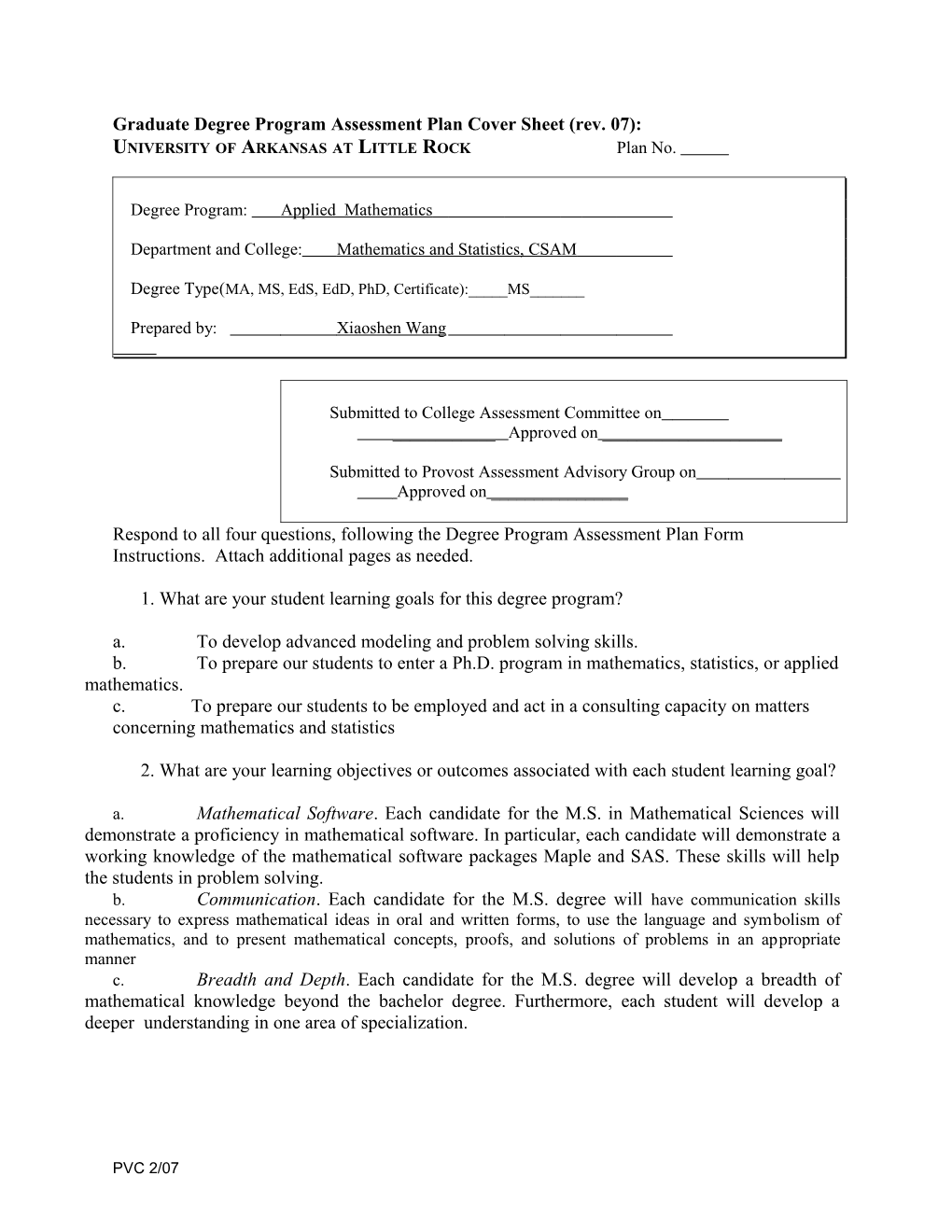 Degree Program Assessment Plan Cover Sheet (Rev