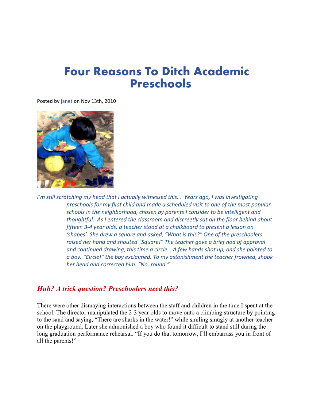 Four Reasons to Ditch Academic Preschools