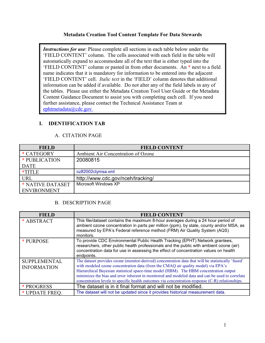 Metadata Creation Tool Content Template for Data Stewards