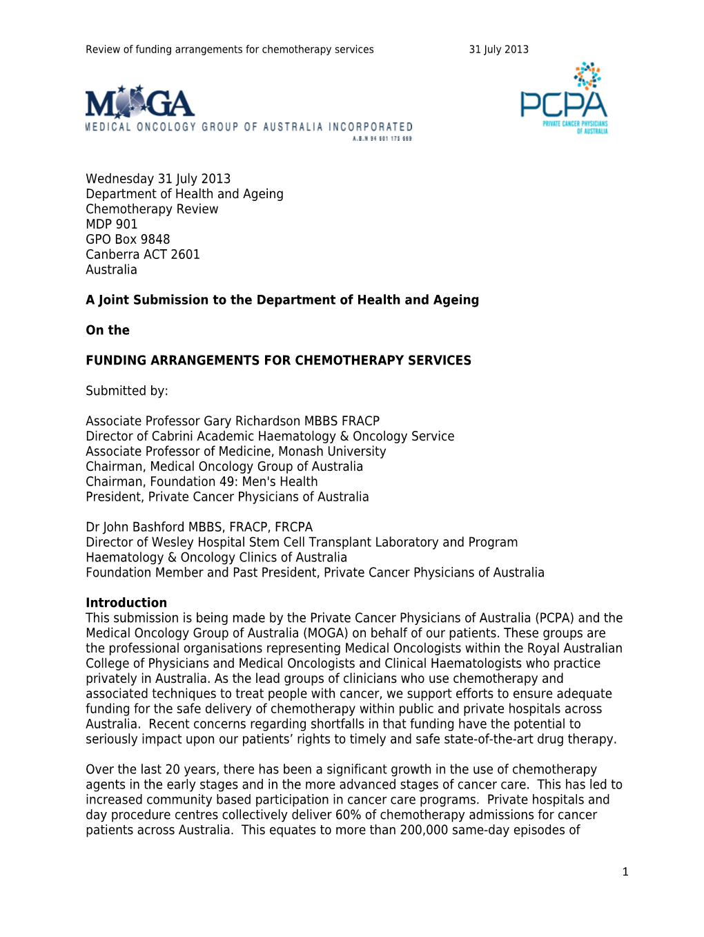 A Joint Submission to the Department of Health and Ageing