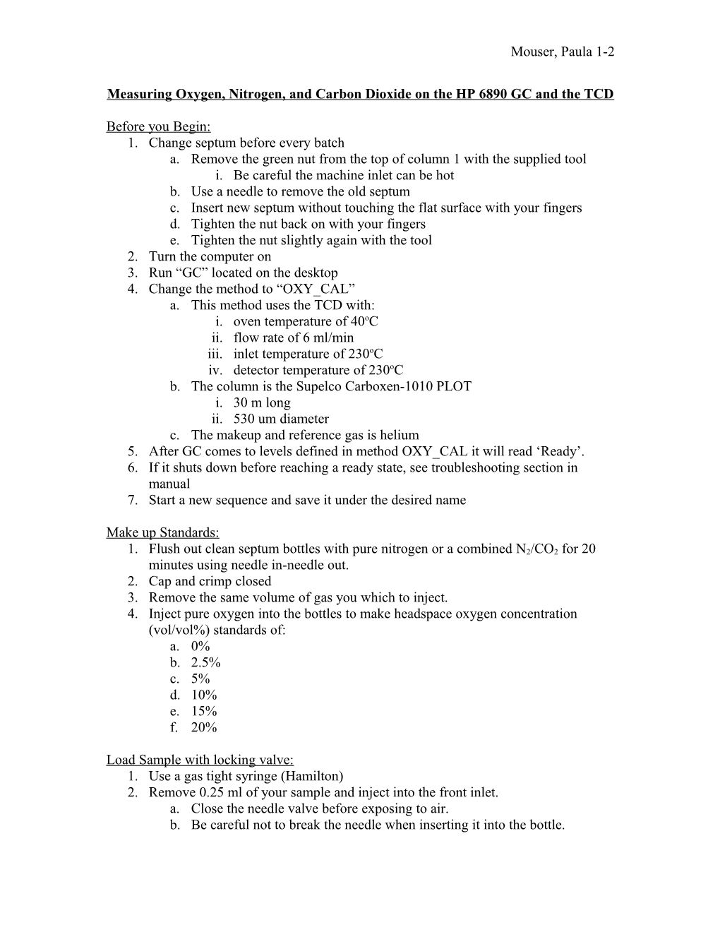 Protocol for Gas Chromatography