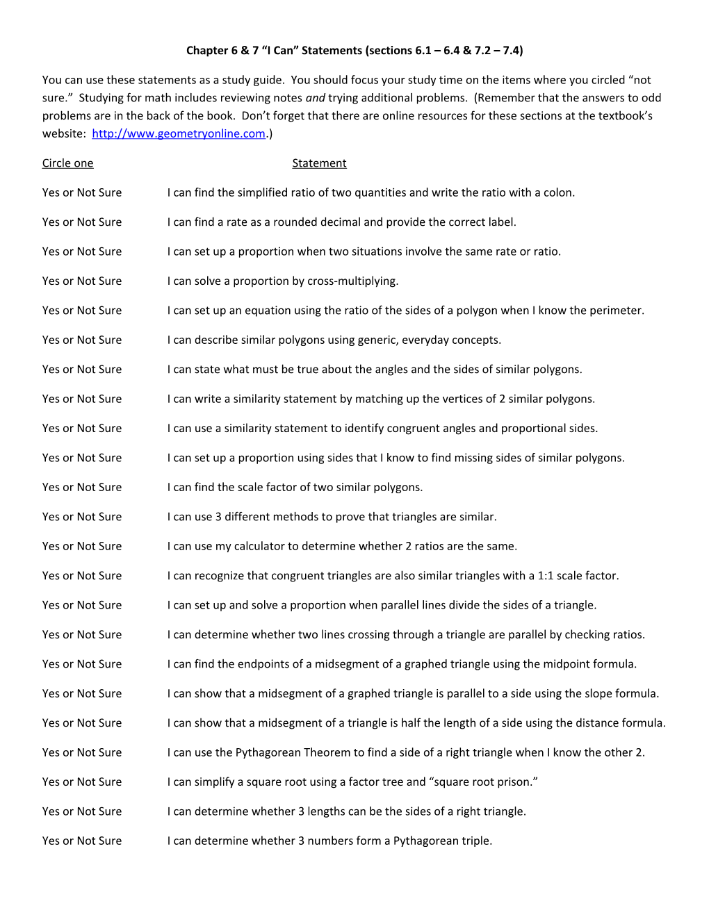 Chapter 6 & 7 I Can Statements (Sections 6.1 6.4 & 7.2 7.4)