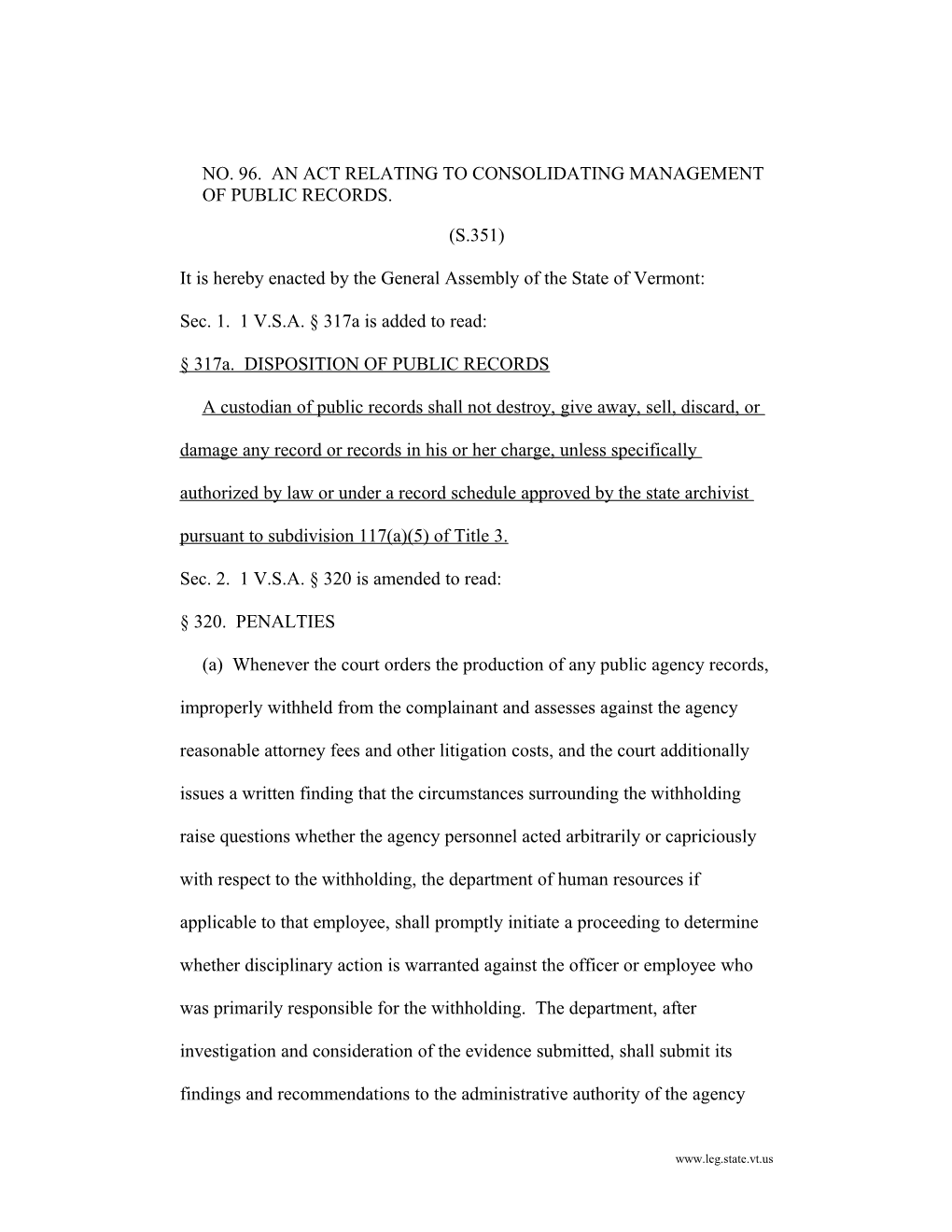 No. 96. an Act Relating to Consolidating Management of Public Records