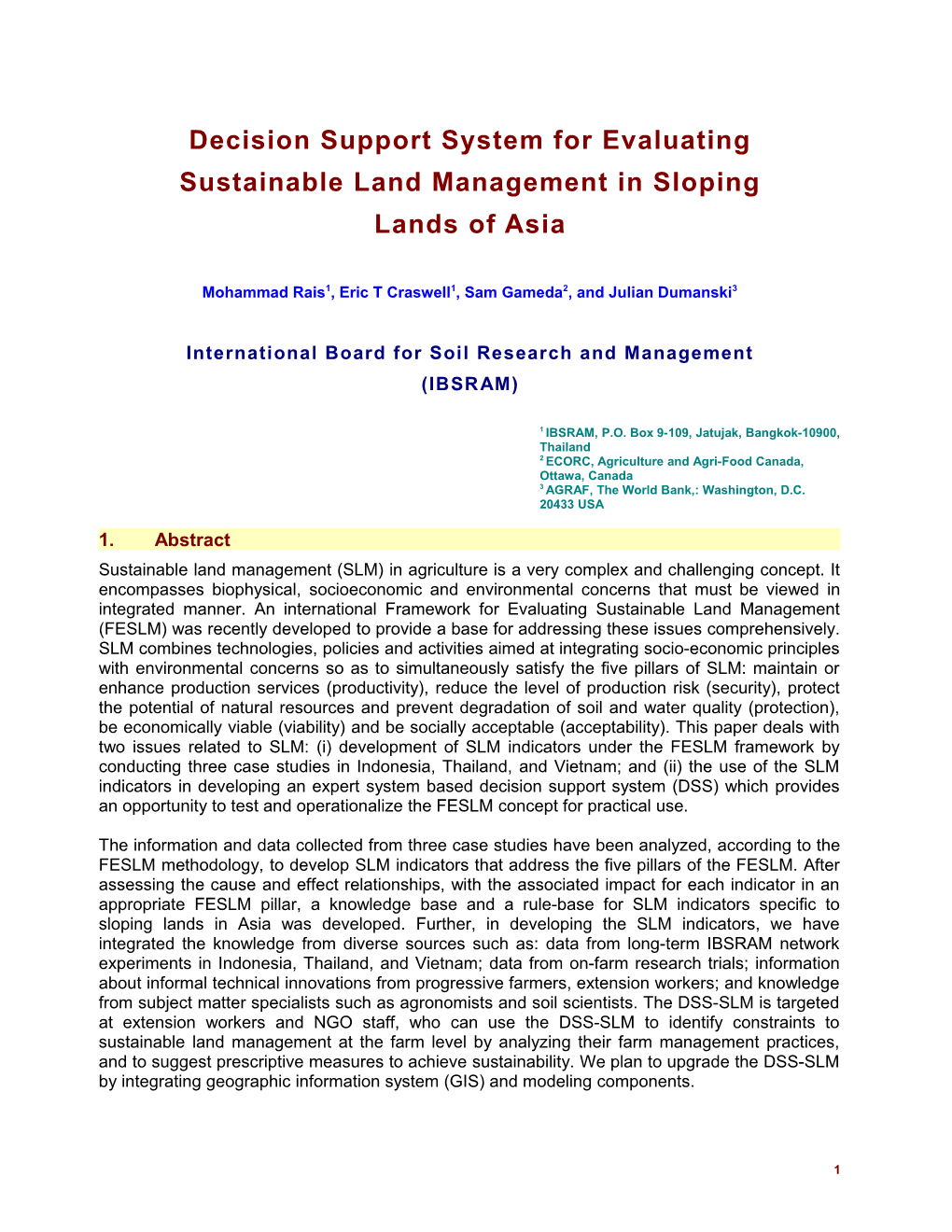 Decision Support System for Evaluating Sustainable Land Management