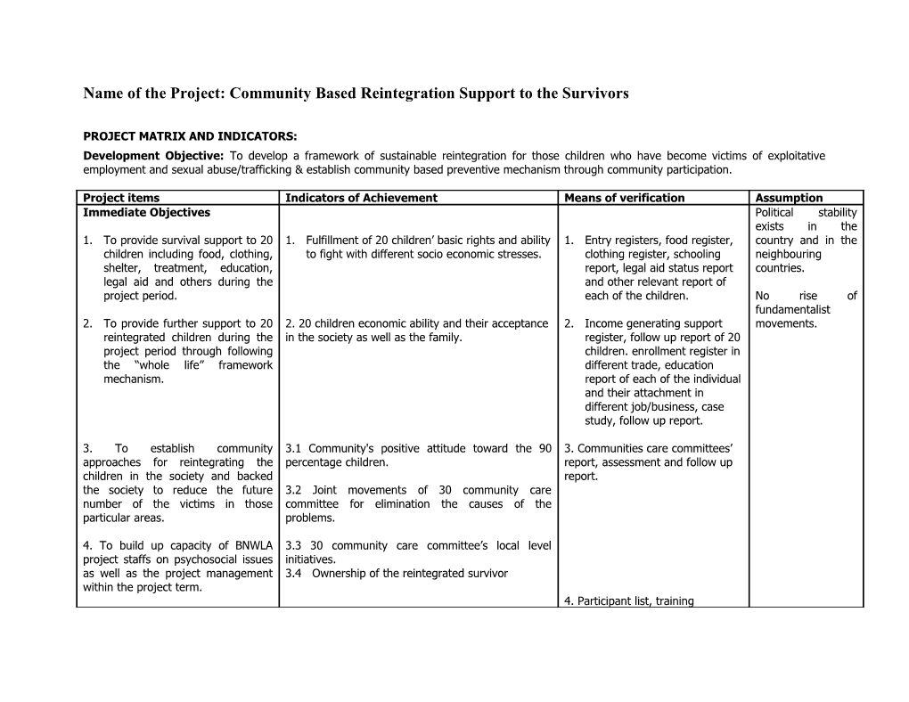 Project Matrix and Indicators