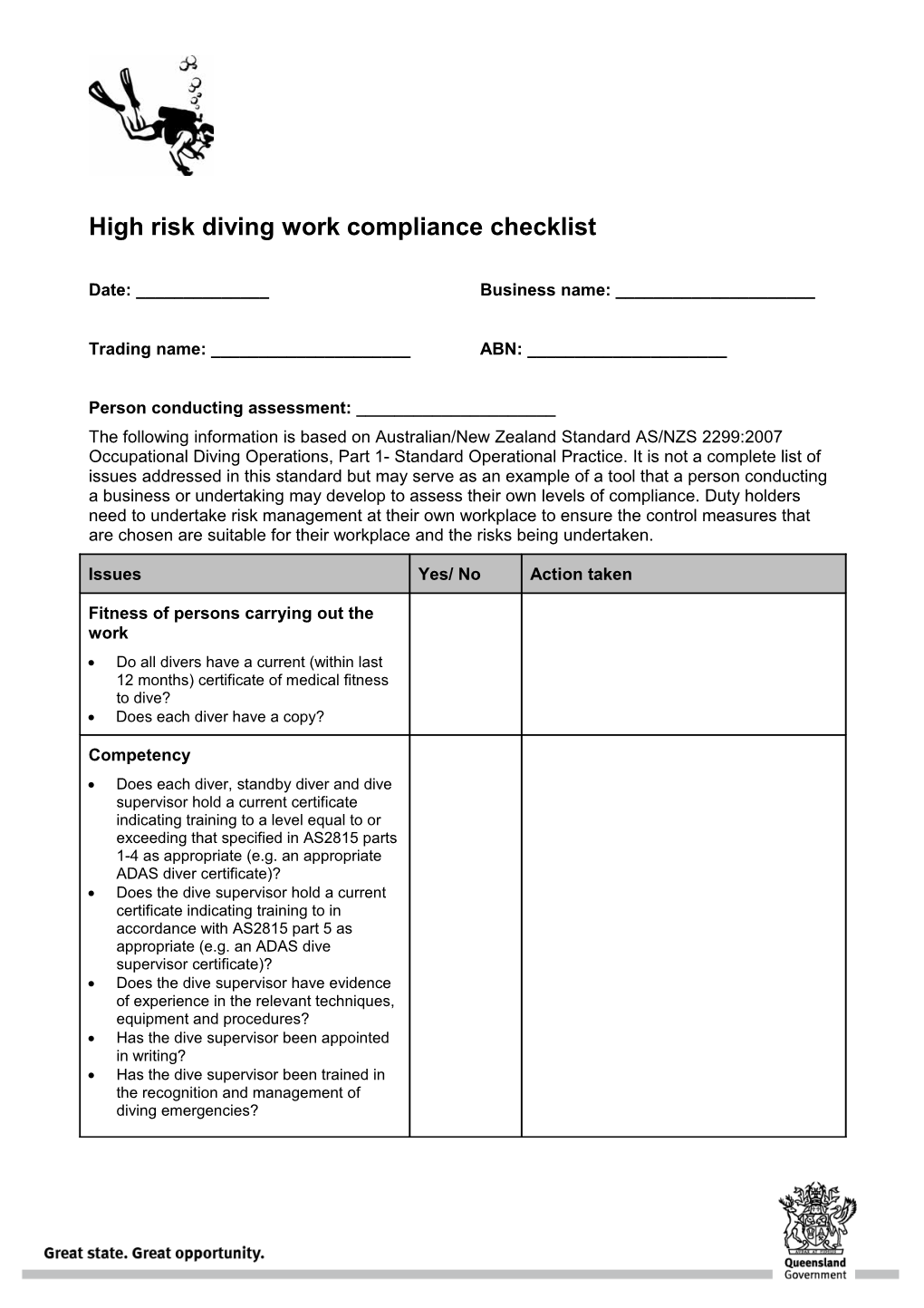 High Risk Diving Work Compliance Checklist
