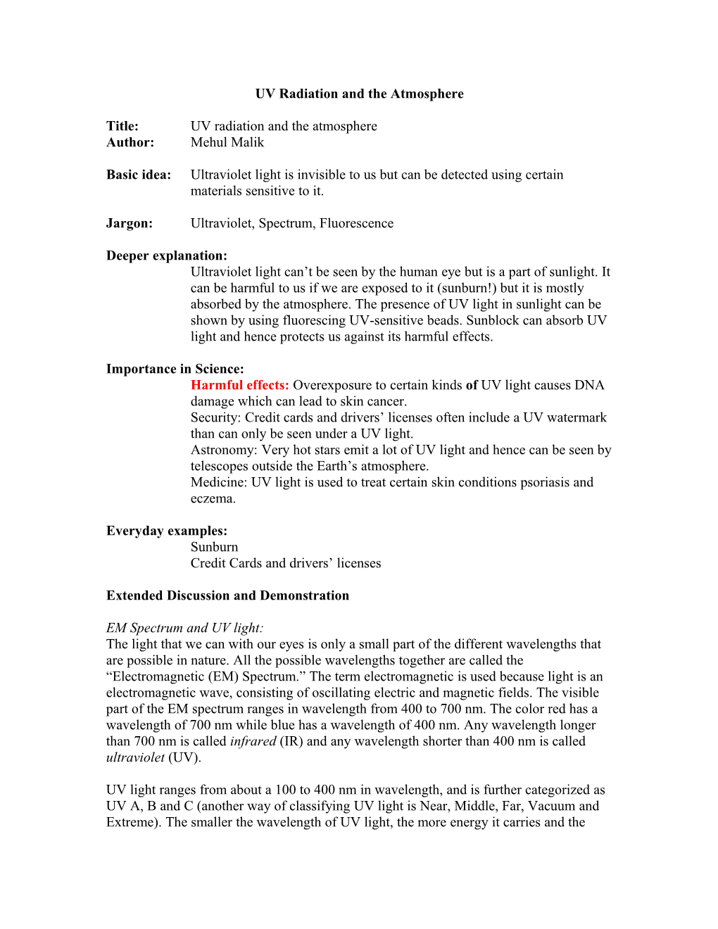 UV Radiation and the Atmosphere