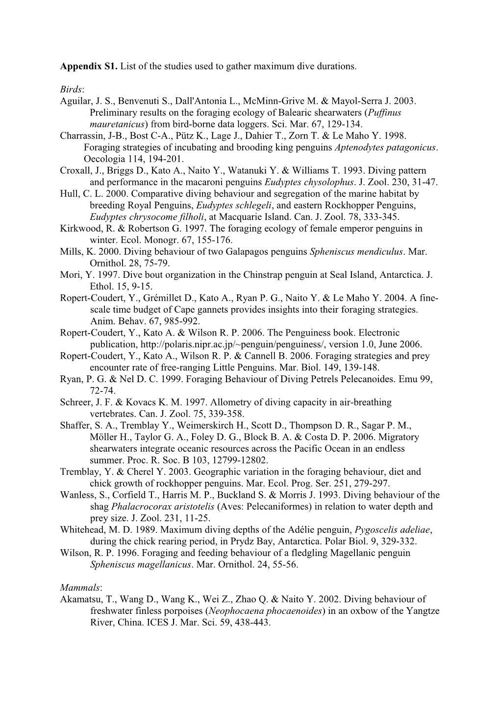 Appendix S1. List of the Studies Used to Gather Maximum Dive Durations
