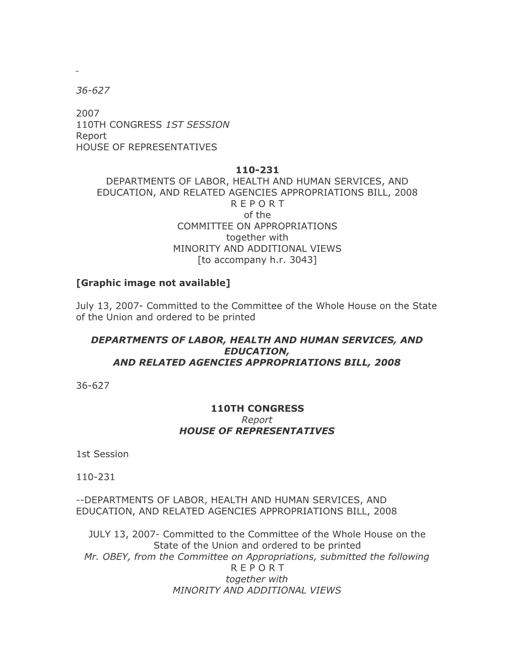2007 110TH CONGRESS 1ST SESSION Report HOUSE of REPRESENTATIVES