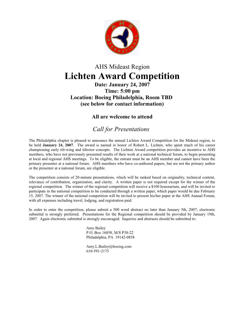 The Philadelphia Chapter Is Pleased to Announce the Annual Lichten Award Competition For