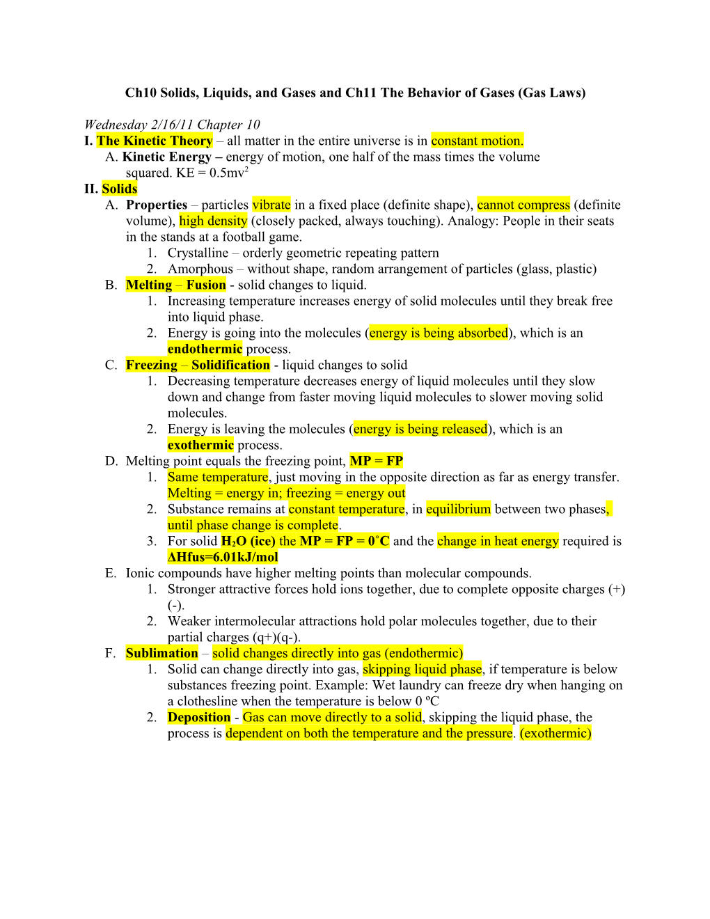 Ch10 Solids, Liquids, and Gases and Ch11 the Behavior of Gases (Gas Laws)