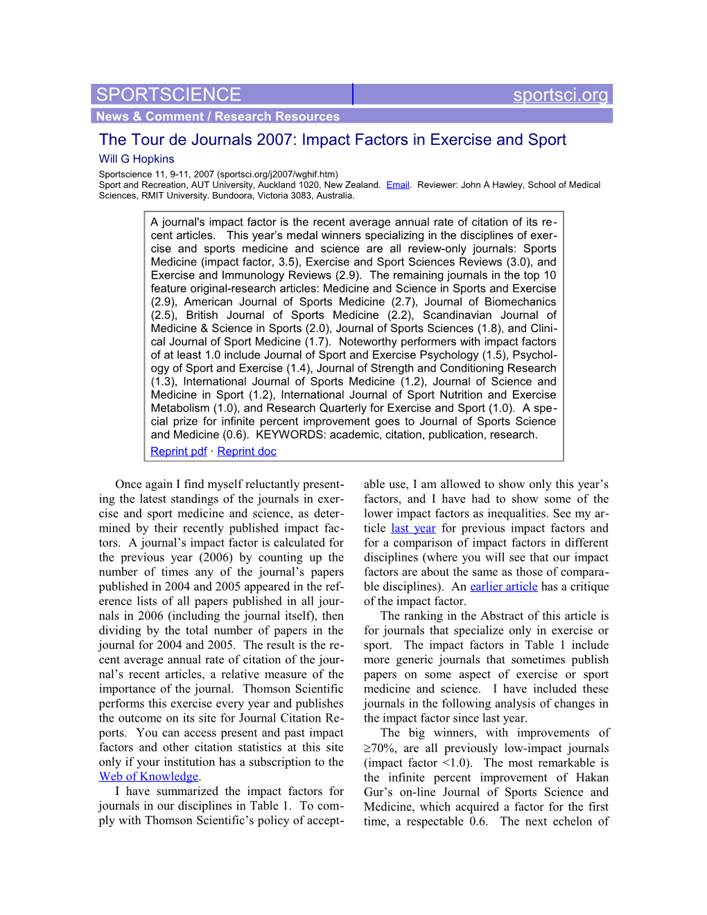 The Tour De Journals 2007: Impact Factors in Exercise and Sport