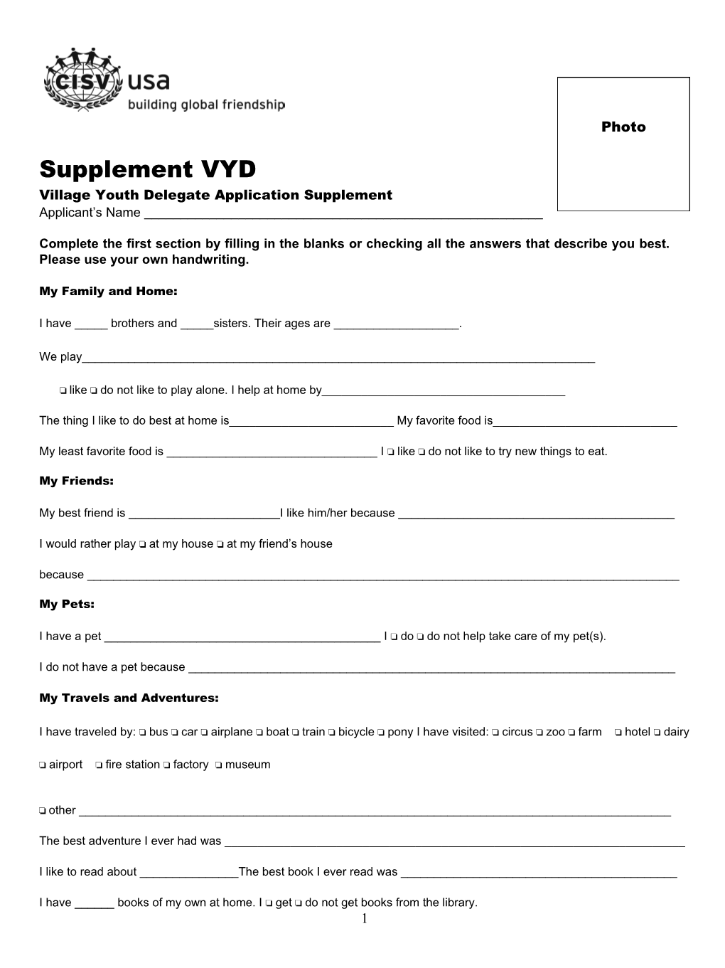 Village Youth Delegate Application Supplement