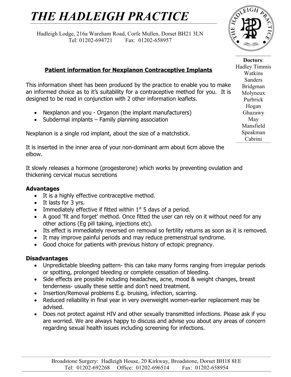 Patient Information for Nexplanon Contraceptive Implants