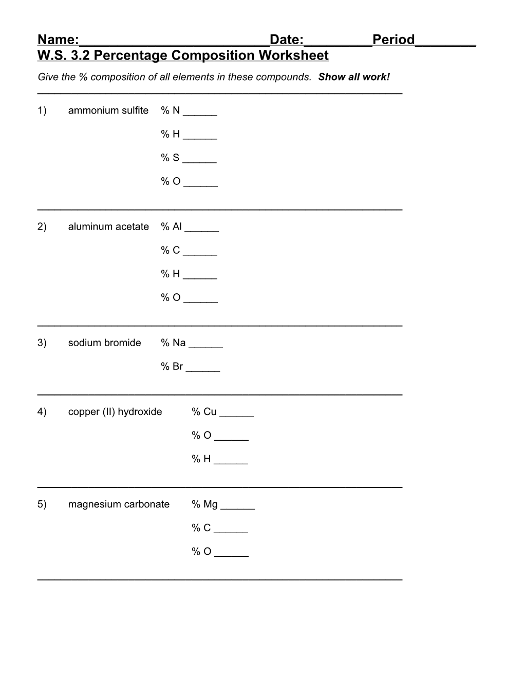 Percentage Composition Worksheet