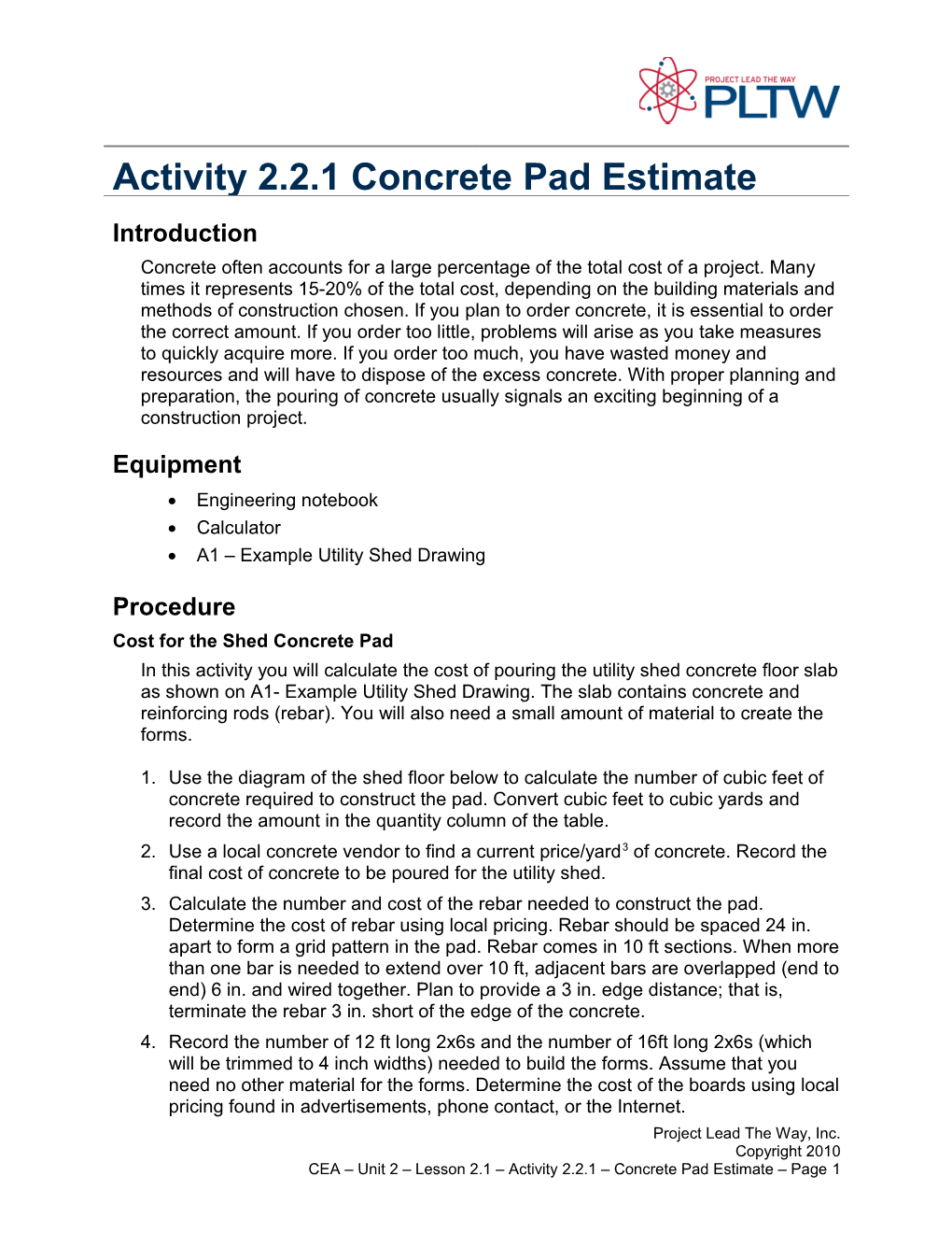 Activity 2.2.1 Concrete Pad Estimate