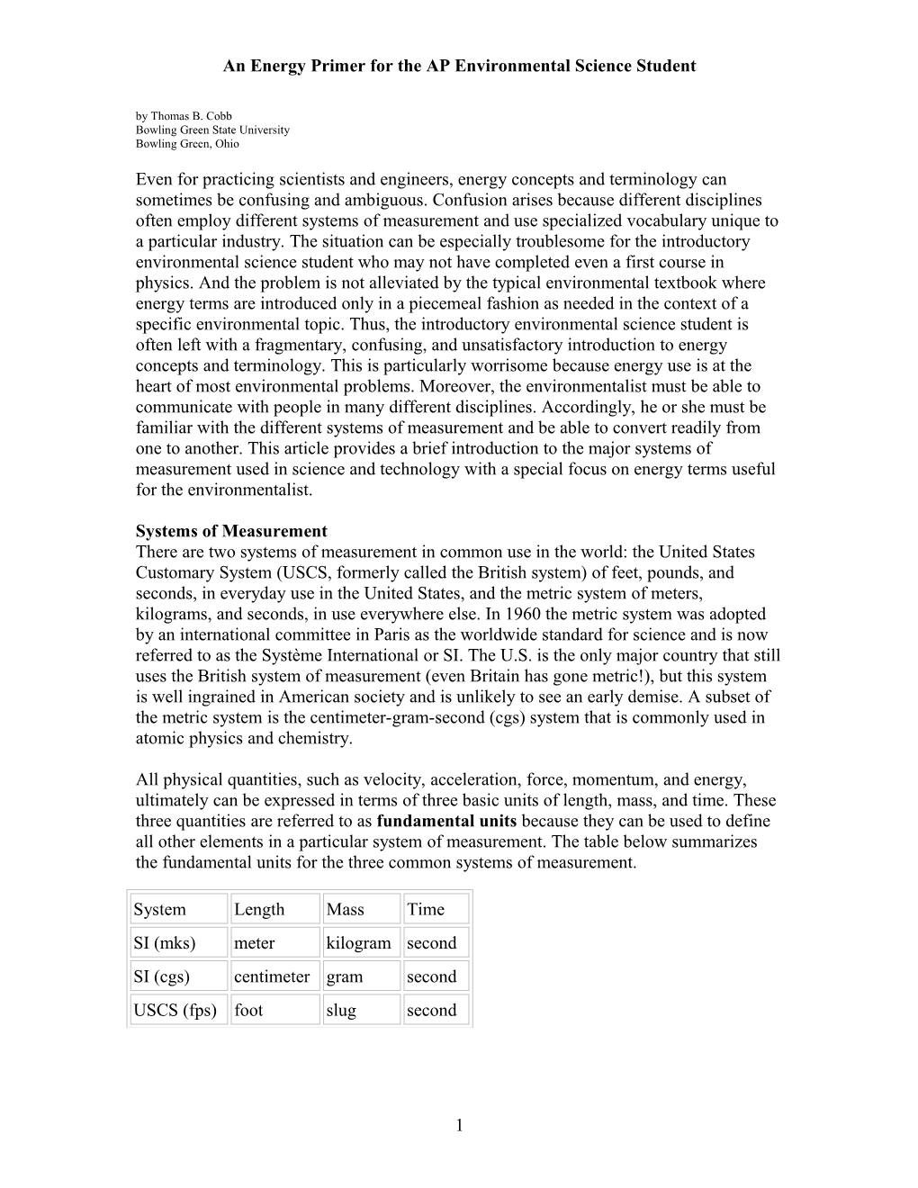 An Energy Primer for the AP Environmental Science Student