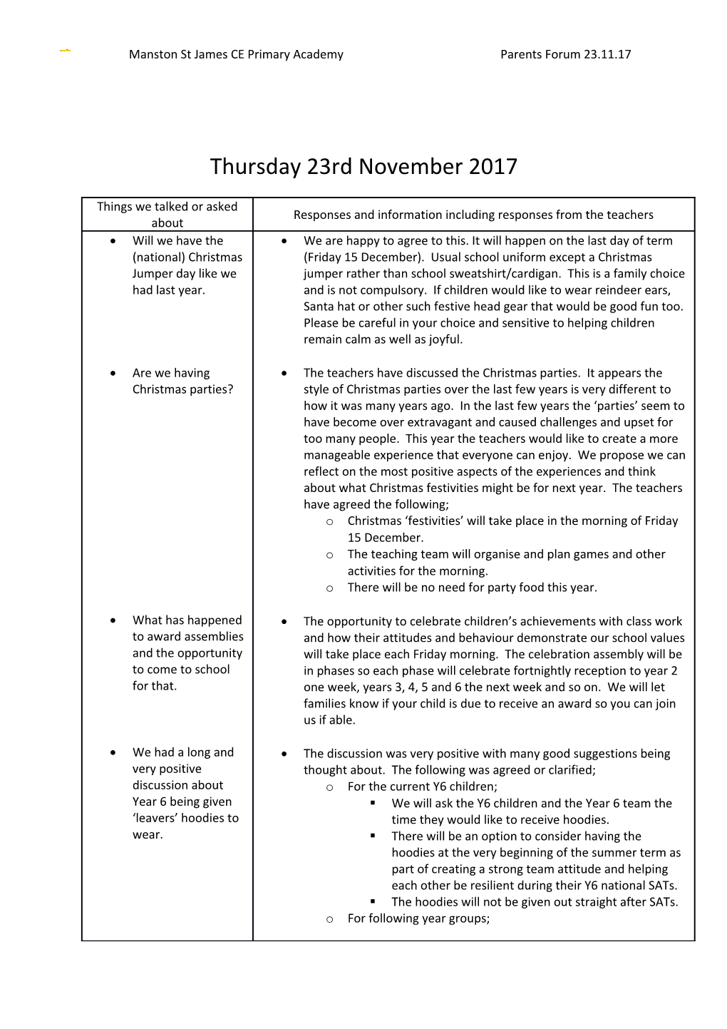 Manston St James CE Primary Academy Parents Forum 23.11.17