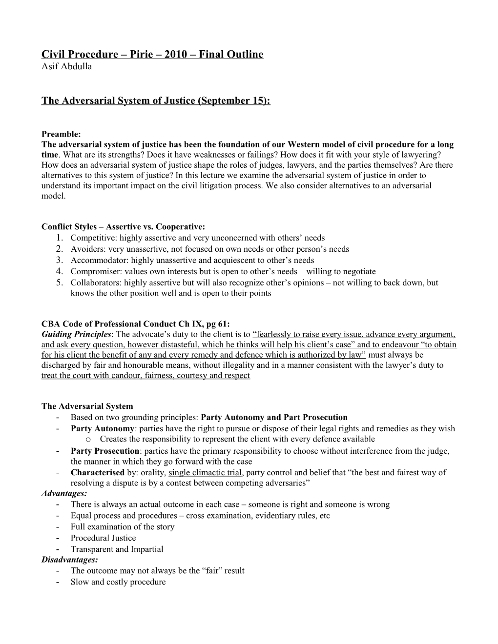 Civil Procedure Pirie 2010 Final Outline