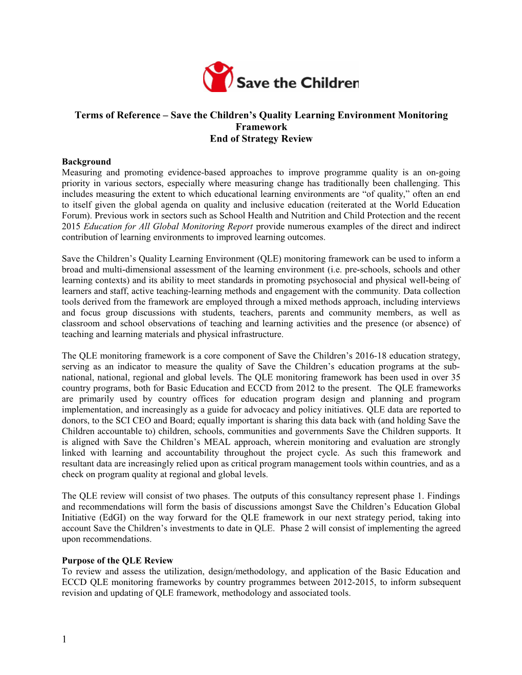 Terms of Reference Save the Children S Quality Learning Environment Monitoring Framework
