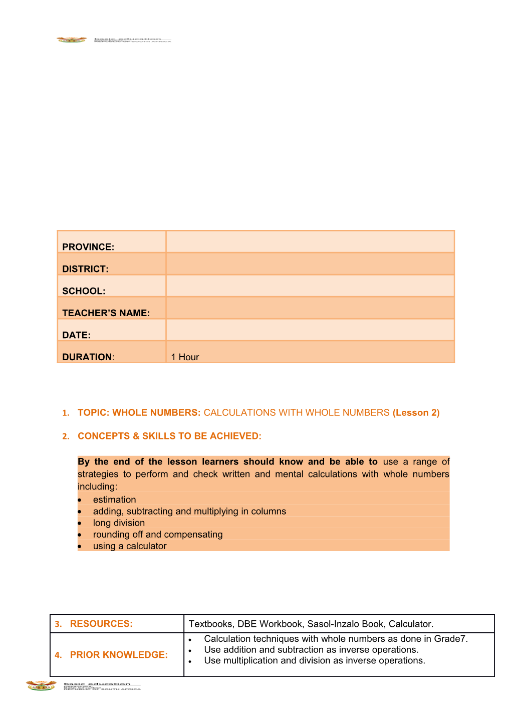 TOPIC: WHOLE NUMBERS: CALCULATIONS with WHOLE NUMBERS(Lesson 2)