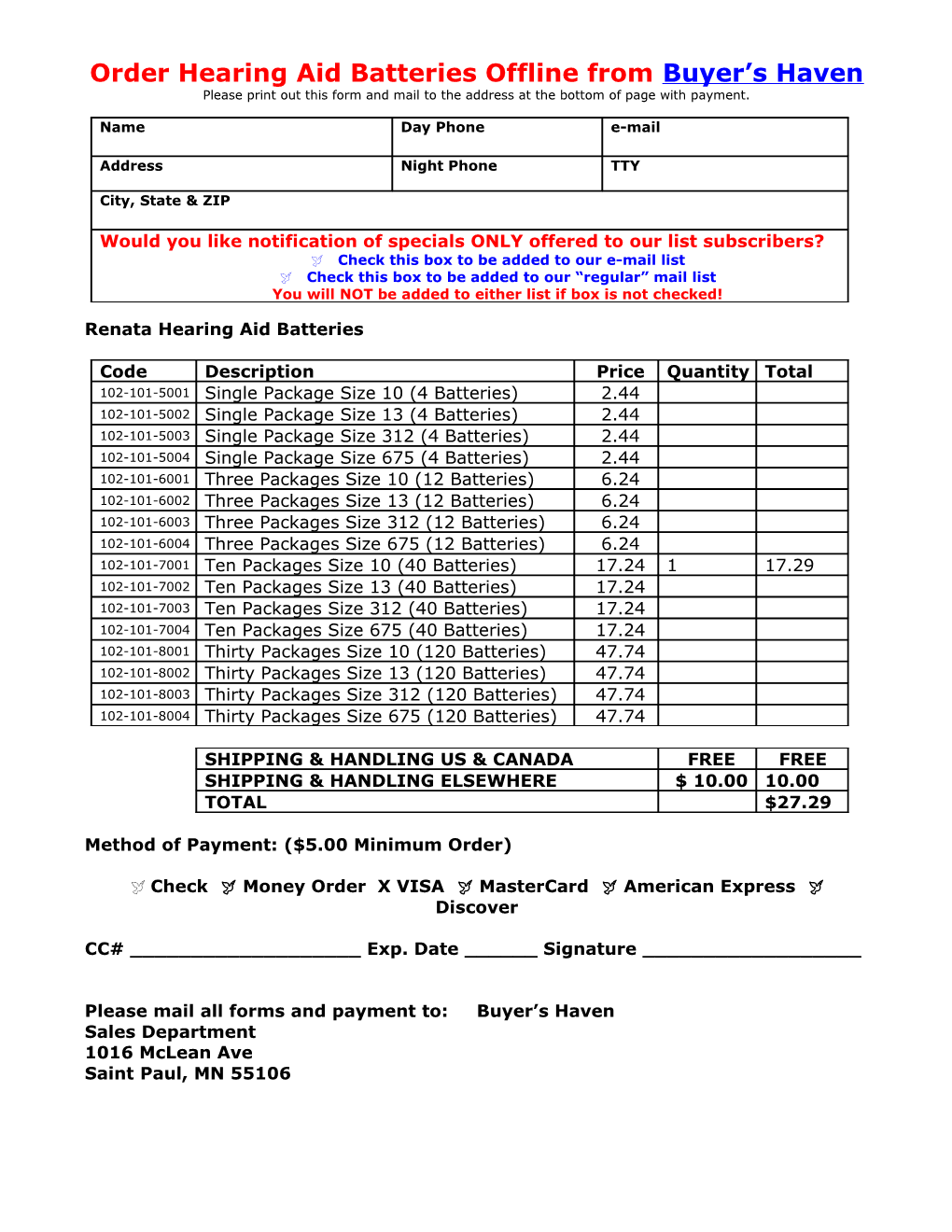 Offline Order Form for Hearing Aid Products from Buyer's Haven