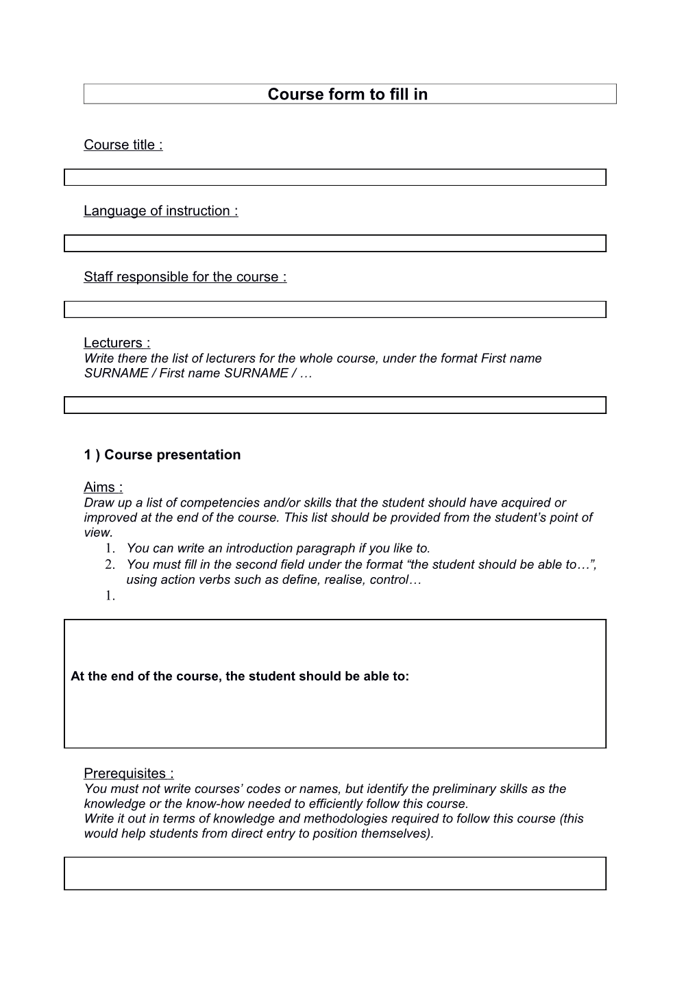 Course Form to Fill In