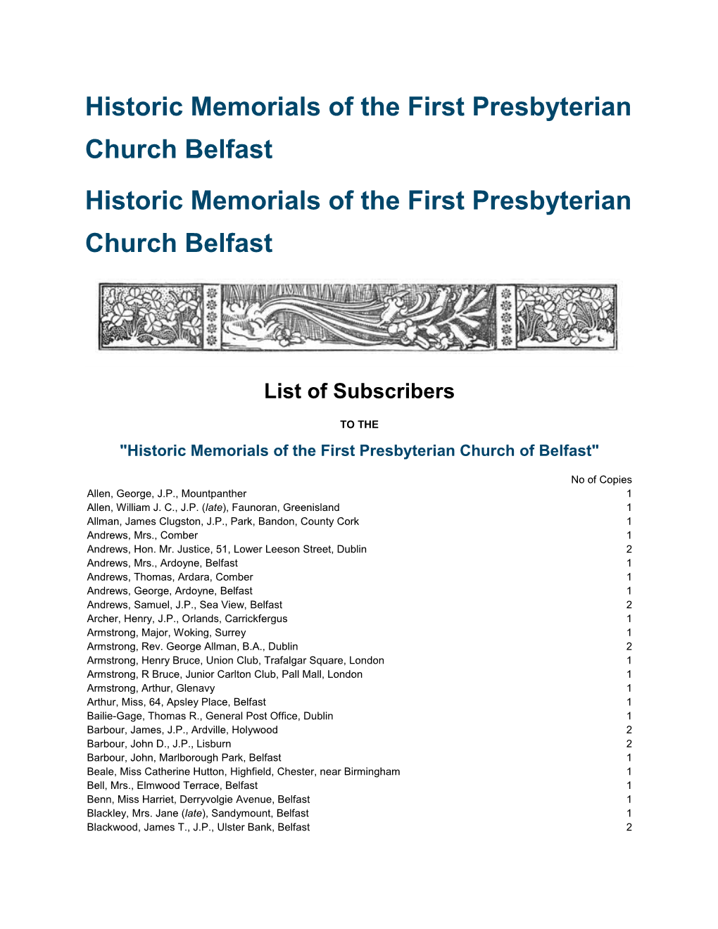 Historic Memorials of the First Presbyterian Church Belfast