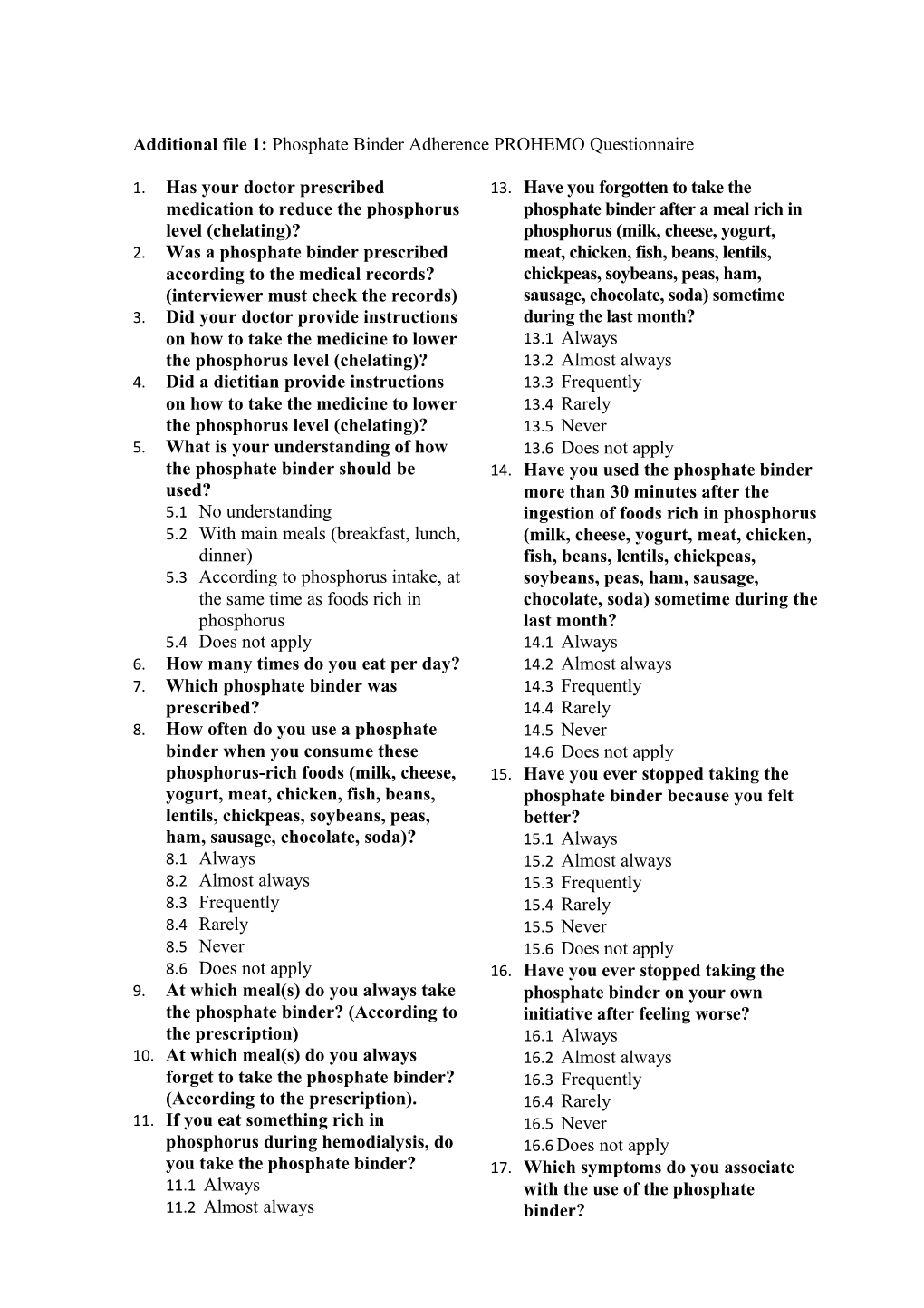 Additional File 1: Phosphate Binder Adherence PROHEMO Questionnaire