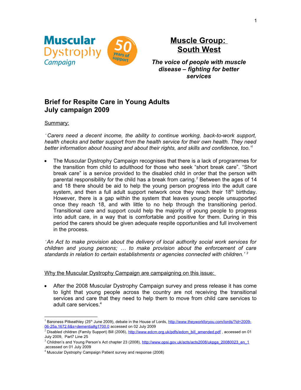 Brief for Respite Care in Young Adults