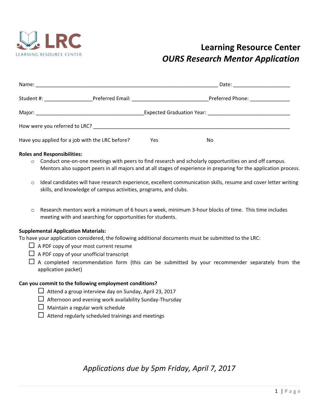 OURS Research Mentor Application