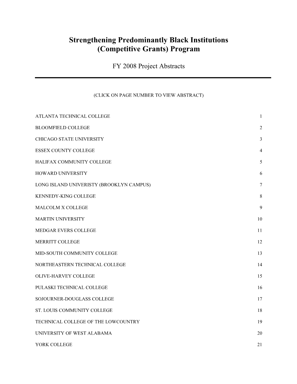 FY 2008 Project Abstracts for the Strengthening Predominantly Black Institutions (Competitive