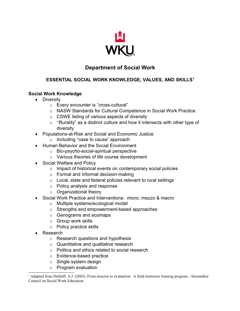 Essential Social Work Knowledge, Values, and Skills 1