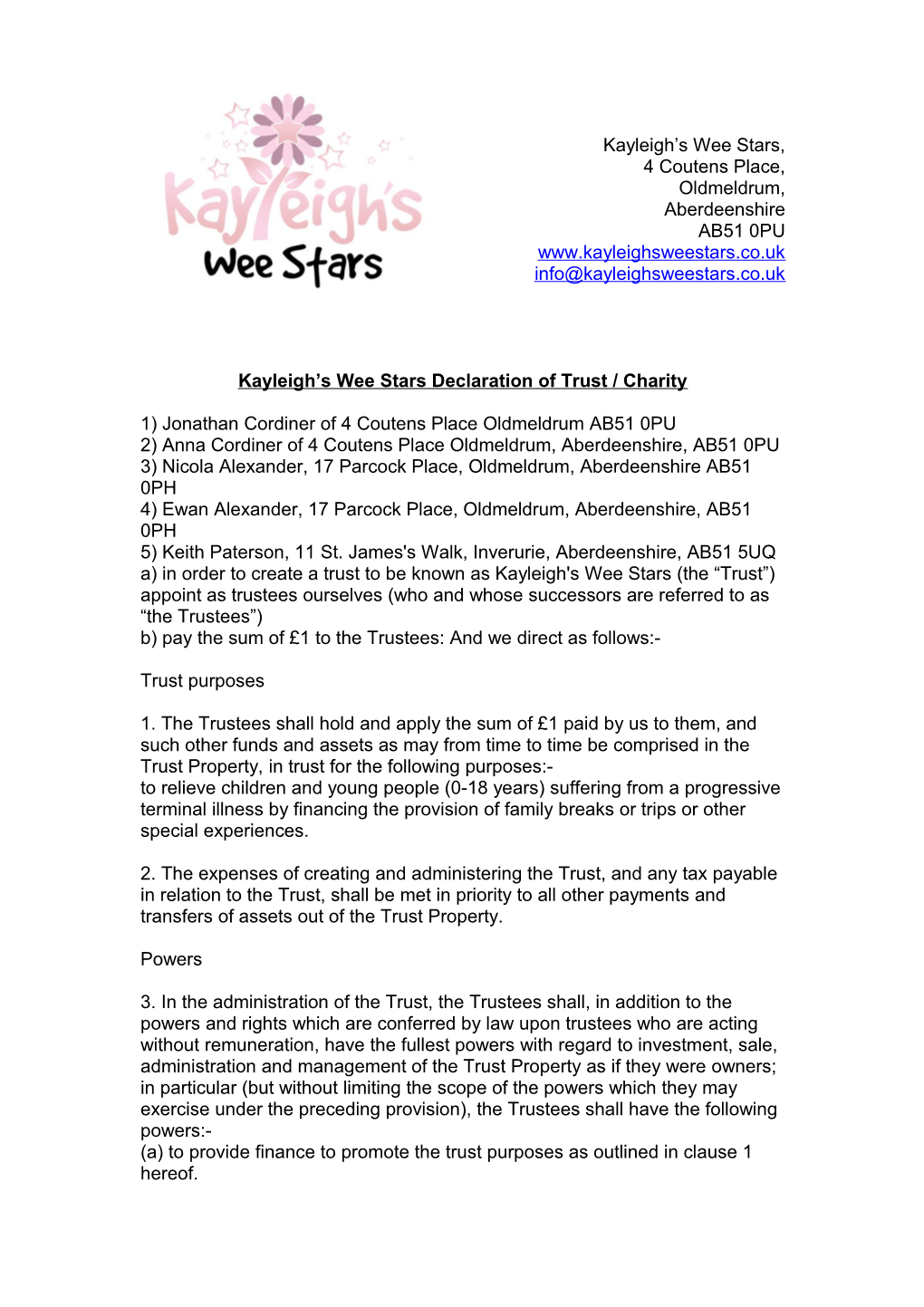 Kayleigh S Wee Stars Declaration of Trust / Charity
