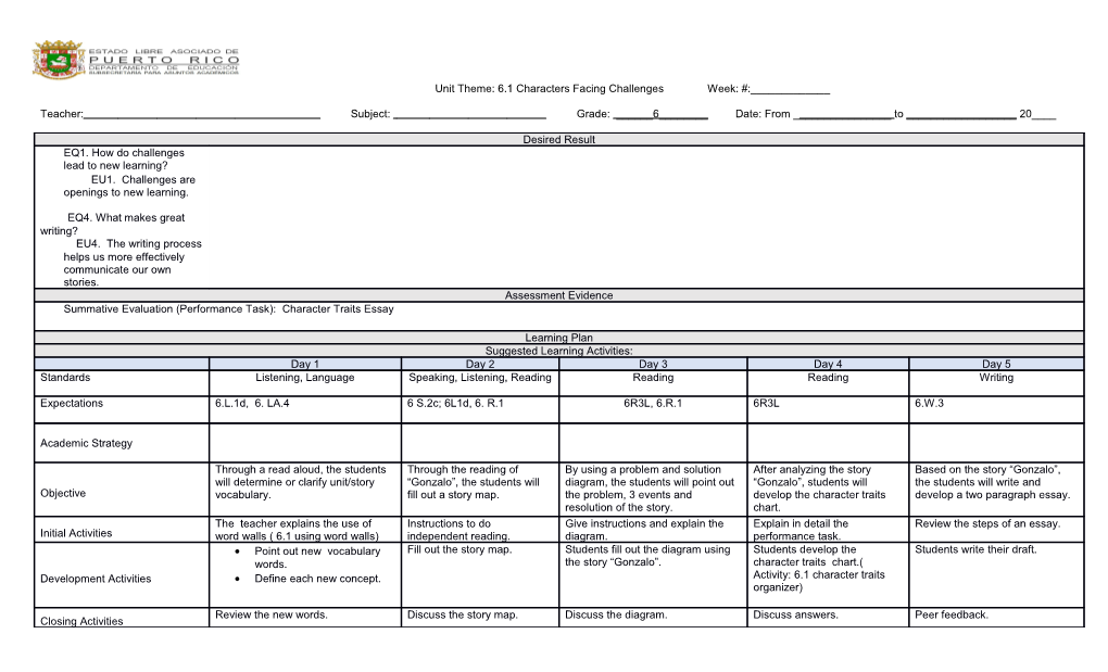 Unit Theme: 6.1 Characters Facing Challenges Week: #:______